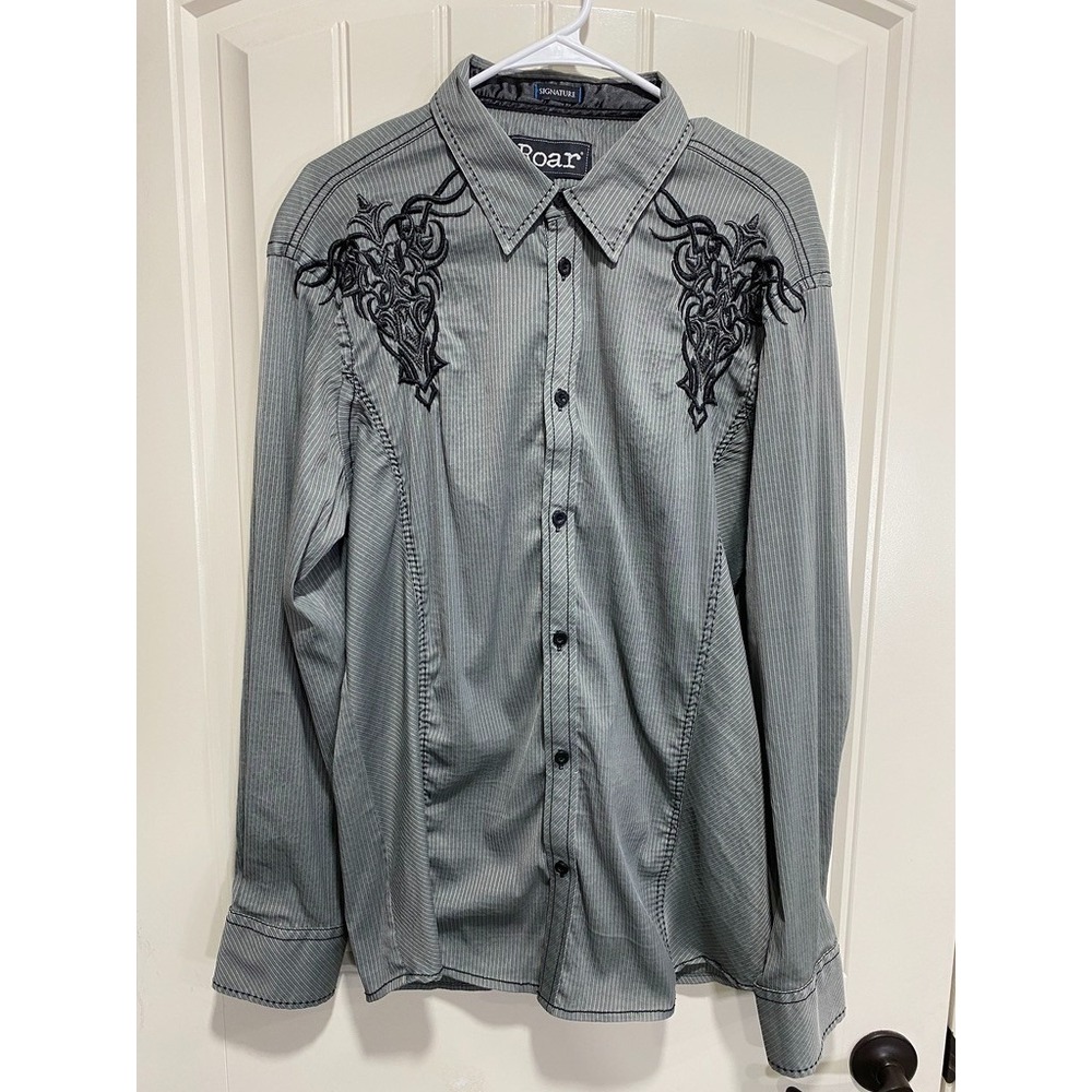 Roar Signature Button Up Shirt Men's Large Long Sleeve Tribal Embroidered Print‎